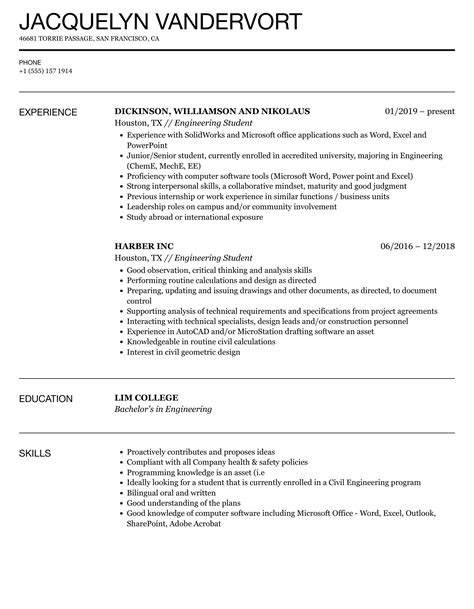 engineering college student resume examples