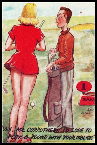 vintage 1950s signed lee comic risqué postcard sport golf play with