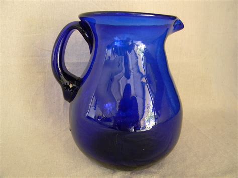 Vintage Cobalt Blue Glass Pitcher Hand Blown By Austinmetroretro