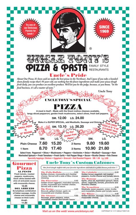 uncle tonys pizza pasta menu  johnston rhode island