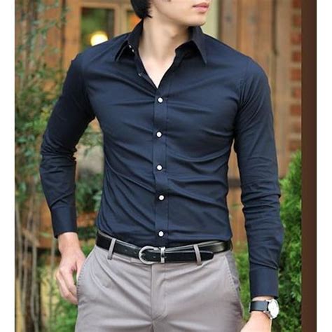 men navy blue long sleeve slim fit button  dress shirts sku  stylish mens outfits