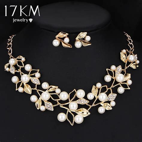 buy km gold color simulated pearl jewelry set  women crystal flower