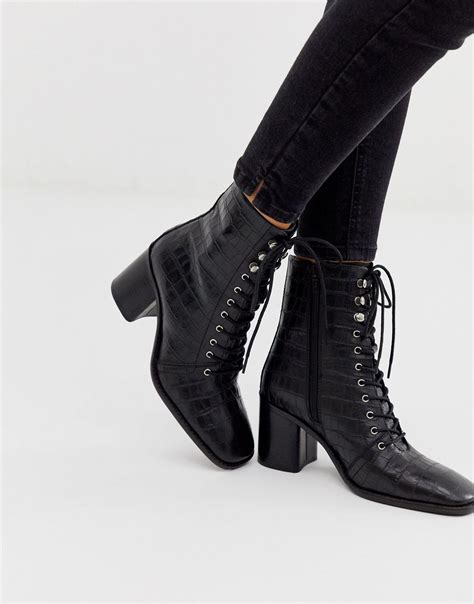 asos rivet leather square toe lace  boots  black lyst