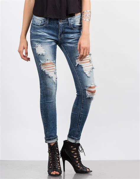 Faded Distressed Rolled Up Jeans Blue Skinny Jeans Denim 2020ave