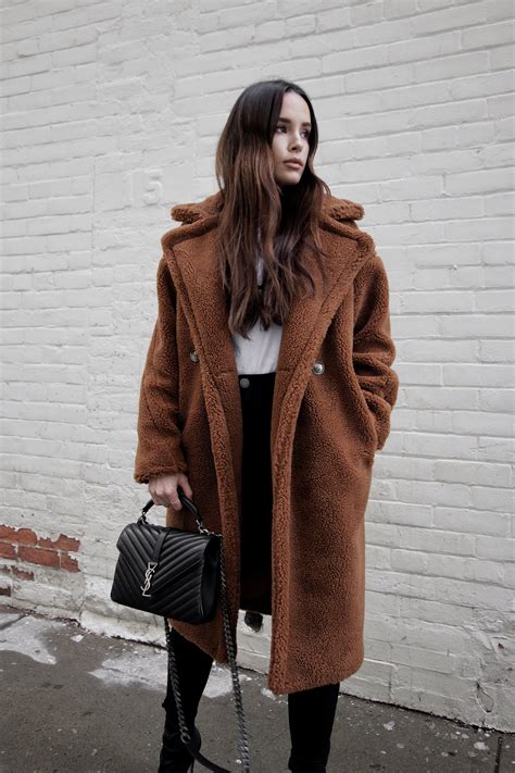 winter style dark brown teddy coat black denim ysl bag  atjodiblk winter coat outfits