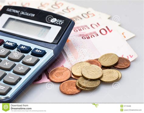 calculator euro notes  euro coins isolated  white stock image image  paper office