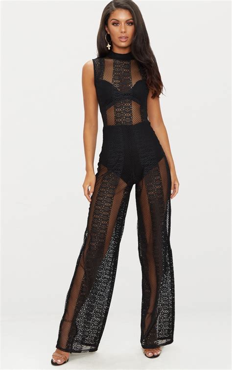 black lace high neck sleeveless jumpsuit prettylittlething