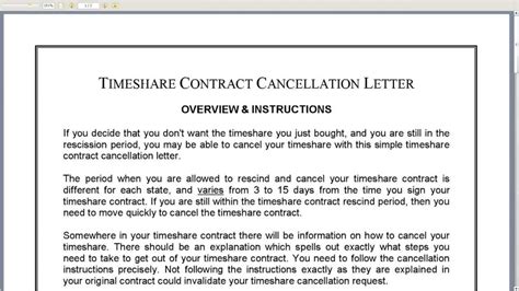 sample timeshare contract cancellation letter template timeshare