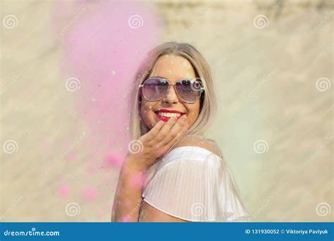 Happy Blonde Woman Wearing Shirt With Naked Shoulders And Glasses