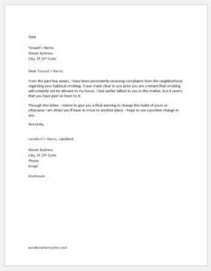 smoking warning letter  tenant word excel templates