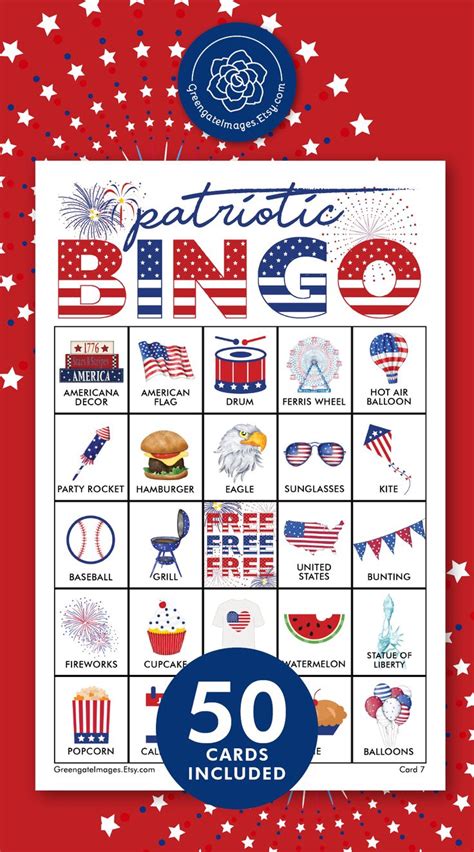 patriotic bingo cards printable bingo  cards   july etsy