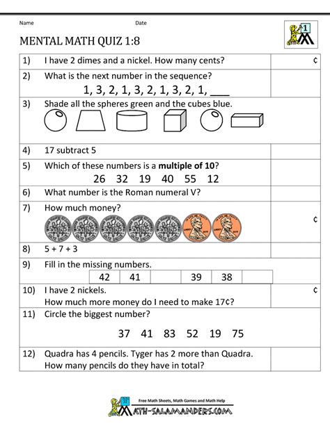 grade mental math worksheets