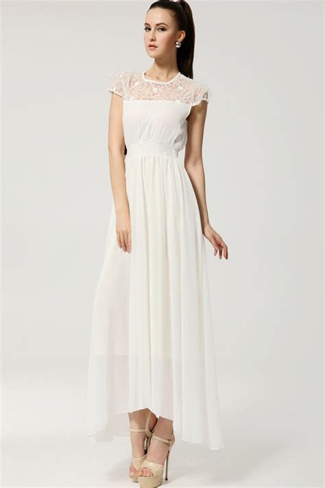 White Lace Cap Sleeve Chiffon Maxi Dress Casual Dresses