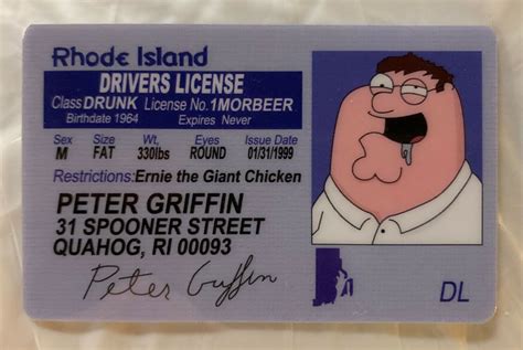 peter griffin family guy rhode island drivers license novelty id