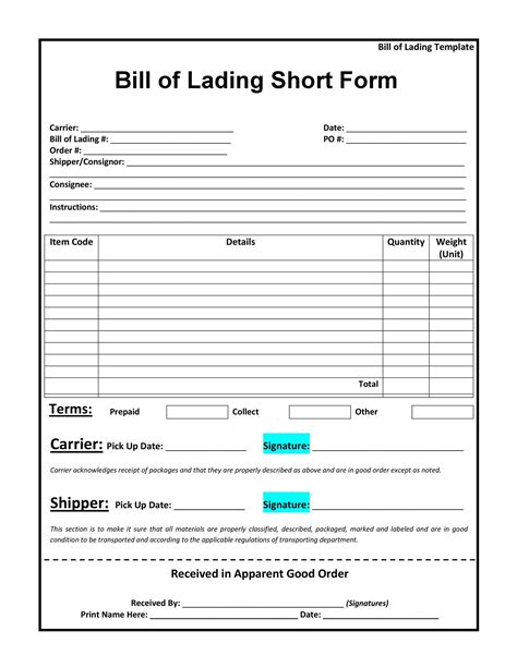 printable blank bill  lading printable templates