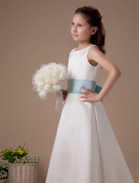romantic white satin sash bow flower girl dress