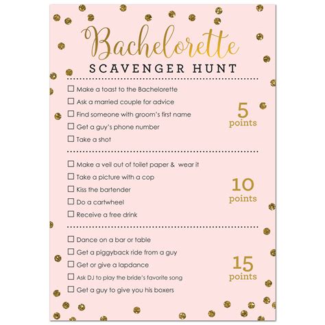 bachelorette scavenger hunt game faux gold glitter on pink 24 cards