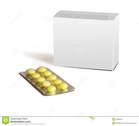 gelbe runde pillen und graue kastenverpackung sind isolat stockbild