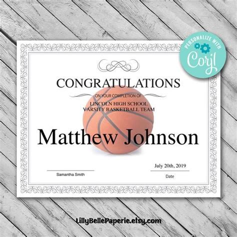 printable basketball certificate template editable etsy certificate