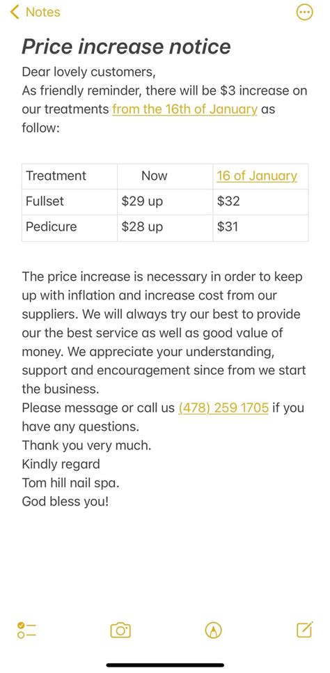 price increase notice    tom hill nail spa