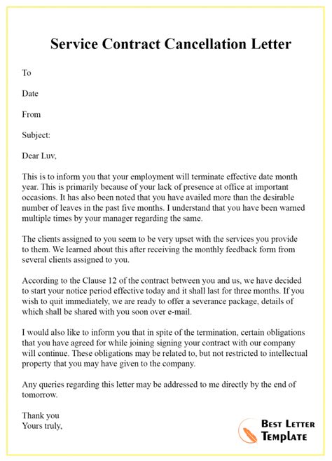 cancellation letter template  contract format sample