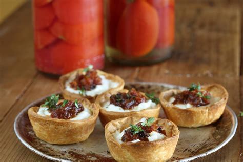 Warm Goats Cheese Tartlet With Tomato And Sultana Chutney Recipe Maggie Beer