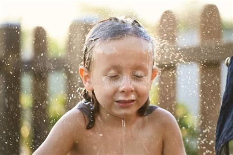 Water Fun Girl In The Shower Splashing Water Stock Image Image Of