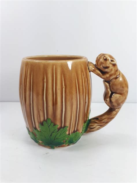 Squirrel Handle Coffee Mugs Set Of 6 Light Brown With Green Etsy