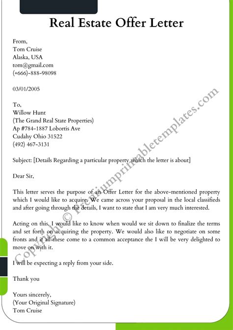 real estate offer letter printable template    word letter