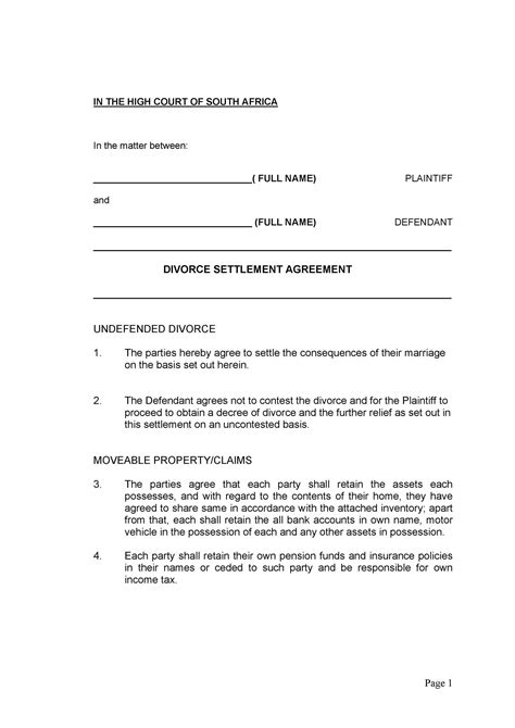 divorce settlement agreement templates