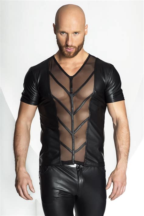 2018 Fashion Black Wet Look Latex T Shirt Men Leather Vests Lingerie