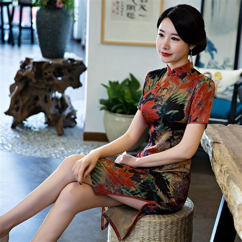 summer silk flower dress chinese traditional dress cheongsams short