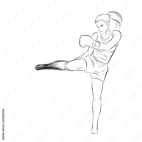 Thai Girl Boxing With Kick Line Hand Drawn Vector Illustration