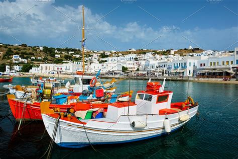 greek fishing boat  port  high quality transportation stock  creative market
