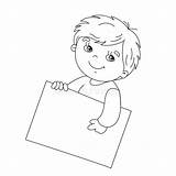 Outline Boy Holding Cute Coloring Sign sketch template