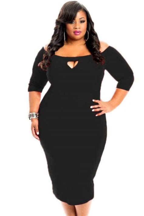 3 4 Length Sleeve Black Bodycon Sexy Plus Size Dresses