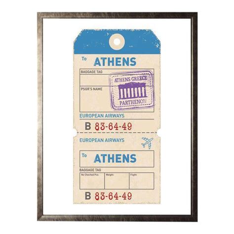 athens travel ticket print  pewter shadowbox travel  athens travel ticket printing