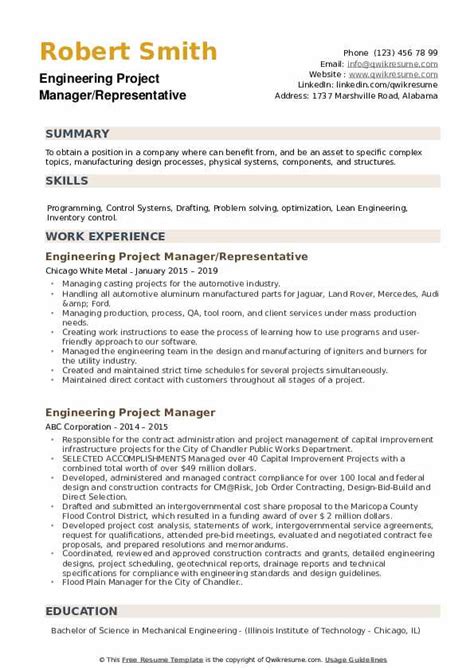 engineering project manager resume samples qwikresume