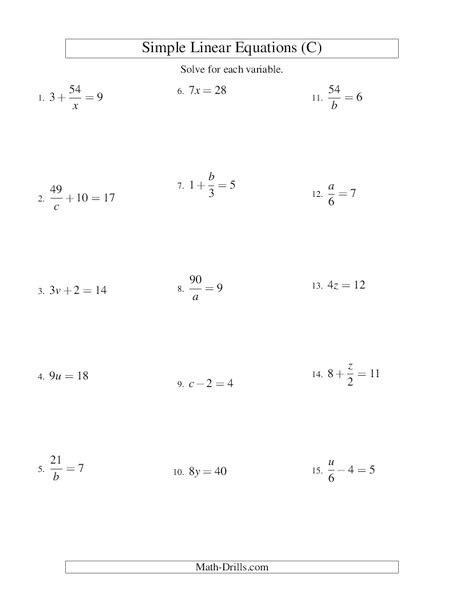 simple linear equations  worksheet    grade lesson planet