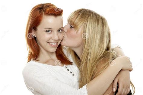 Red And Blond Haired Girls Kissing Cheek Stock Image Image Of Close