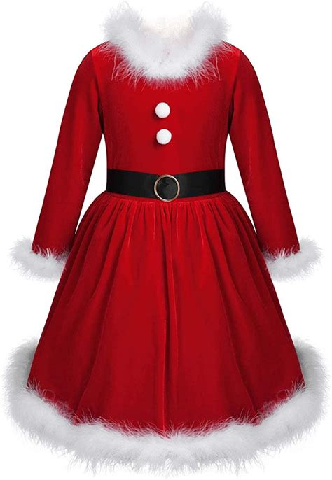 freebily kids girls long sleeve red  santa claus fancy dress