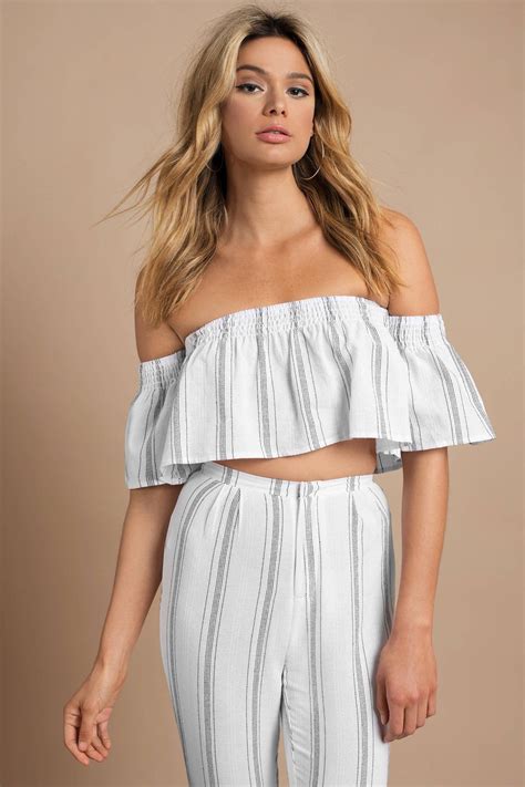 tobi  piece outfits womens   love  stripes white crop top