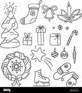 Weihnachten Gezeichnet Drawn Weihnachtsbaum Alamy Schneeflocke Zuckerstange Satz Kranz Einfachen Kontur Skizze Snowflake sketch template