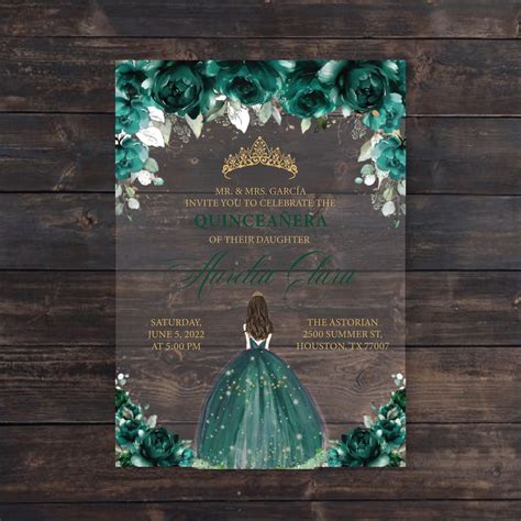 emerald green  gold quinceanera acrylic invitations acrylic