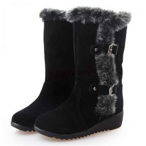womens faux fur snow boots black mid calf wedge winter boots