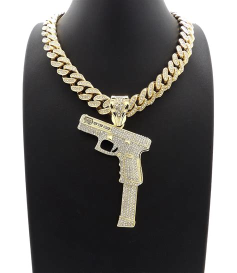 Hip Hop Fashion Iced Out Uzi Pendant W 20 12mm Gold Tone Iced Out