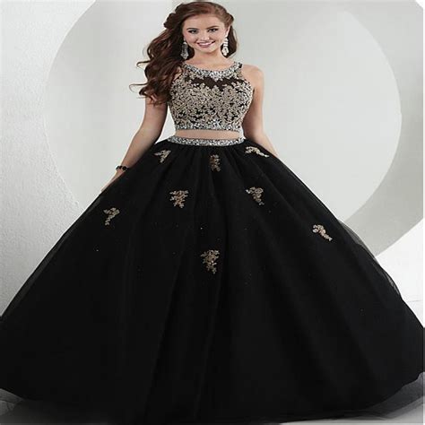 Cecelle 2017 Black Tulle Gold Appliques Two Pieces Ball Gown Prom