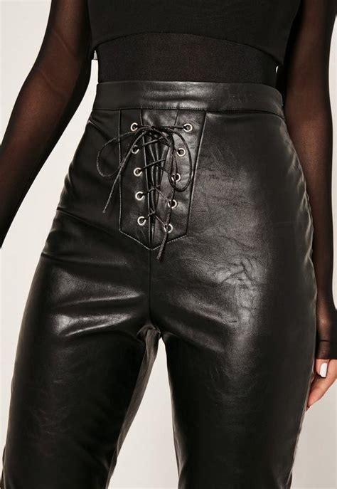 tall exclusive black faux leather lace up trousers