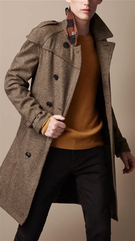 lyst burberry brit midlength wool tweed trench coat  brown  men