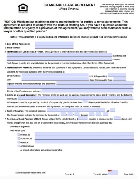 michigan standard residential lease agreement template  word